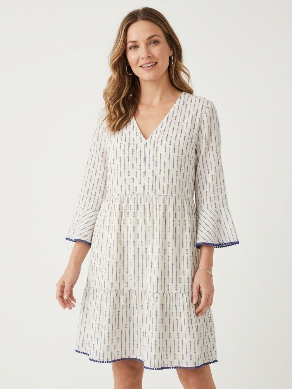 Pure Jill Elements White Blue Striped Tiered V-Neck Dress Bell Sleeve Pom Trim